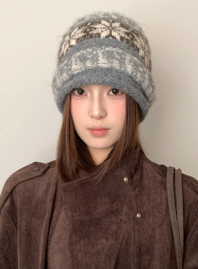 费尔岛风提花卷边针织堆堆帽子女2026年冬季显脸小针织毛线帽冷帽