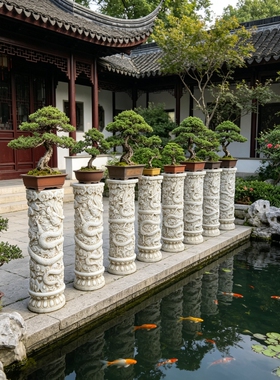 汉白玉复古做旧盘龙石柱雕刻摆件