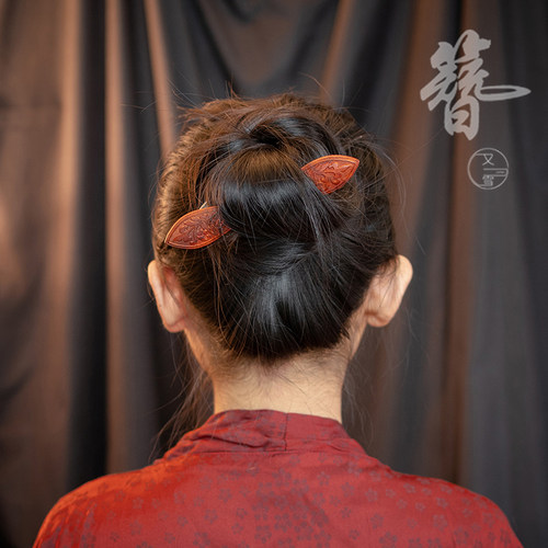 Zang又一雪 雕花双尖簪盘发古典绿黑红檀木汉服挽发双尖弯女簪子 - 图1