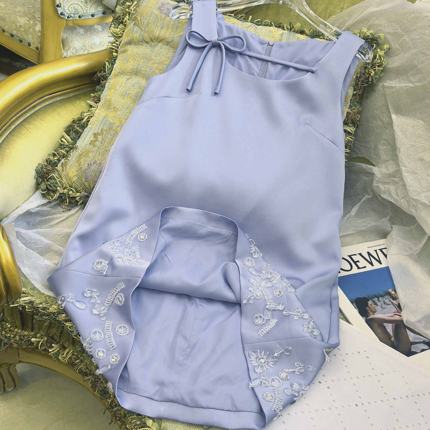 蝴蝶结重工连衣裙花朵钉钻吊坠蓝色2025早秋新品无袖轻奢裙子显瘦,淘宝优惠券,粉丝福利购,淘宝优惠卷