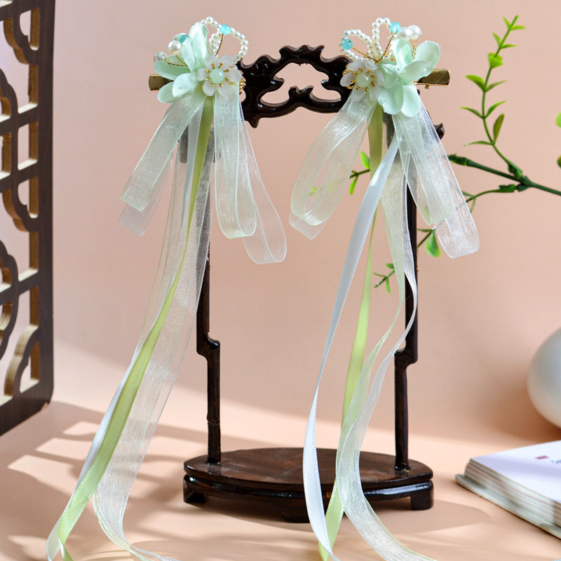 汉服绢花儿童头饰古风发饰宝宝头发卡国风绿色飘带发夹女童配饰品,淘宝优惠券,粉丝福利购,淘宝优惠卷