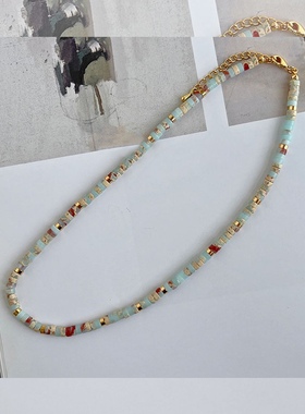 清仓小众复古花纹石串珠彩色项链女法式高级感度假风淡蓝色锁骨链