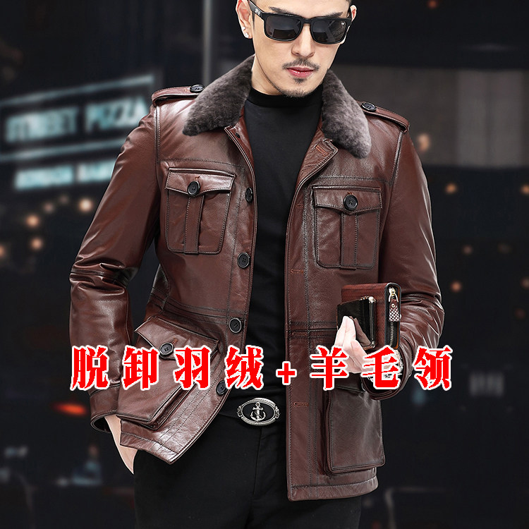 真皮头层纯小牛皮皮衣男中年皮夹克外套猎装可脱卸羽绒内胆羊毛领,淘宝优惠券,粉丝福利购,淘宝优惠卷