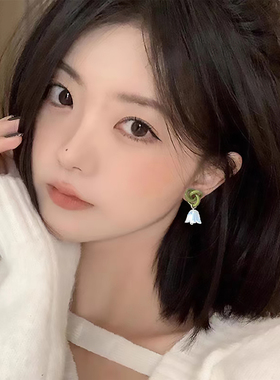 独特绿色打结花朵耳钉女夏季