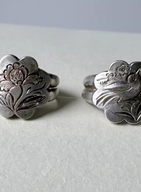 新中式凤凰图案浮雕银色戒指男女通用手作椭圆形雕刻国风开口指环