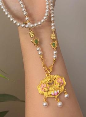 錾刻锦鲤如意锁包项链蜜粉珐琅彩金锁吊坠新中式国风多宝长毛衣链