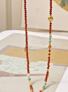 新中式南红长款毛衣链罗盘吊坠配链仿绿松石项链挂绳可拆卸吊坠