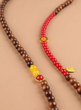 金福禄檀木手机斜挎链国风新中式串珠长项链手机链百搭气质饰品女