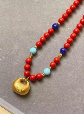 中国红朱砂多宝编绳项链女本命年小胖福毛衣链仿青金石绿松石