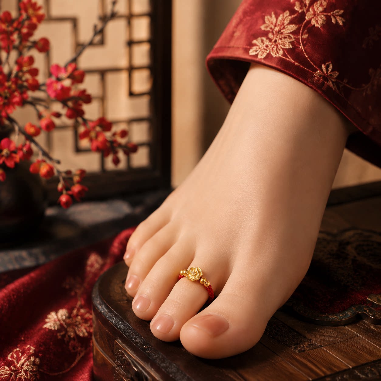 National style red rope golden flower toe ring braided adjustable foot ring new Chinese style Hanfu festive toe ring for women