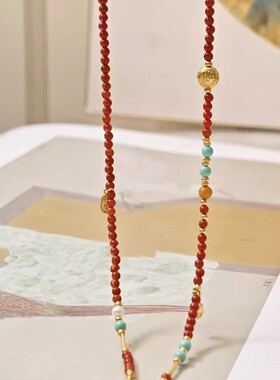 新中式南红长款毛衣链罗盘吊坠配链仿绿松石项链挂绳可拆卸吊坠