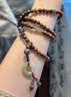 幂幂同款奇楠沉香圆珠青玉竹节弹力四圈手串女新中式高级感饰品