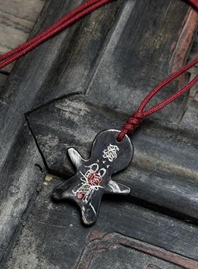 福娃娃做旧手牌吊坠招财红绳项链小众国风小众传统百搭中性风颈饰