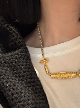 新中式藏式黄金色天珠项链女高级感编织复古小众民族风锁骨链礼物
