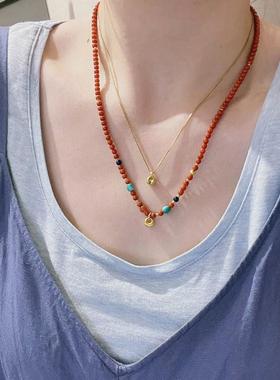 仿南红小米珠小钱袋项链仿绿松石新中式满肉柿子红事事如意锁骨链