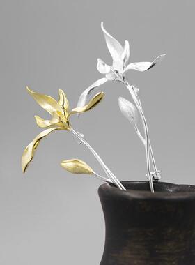新中式兰花金色古风胸针空谷幽兰高洁素雅胸饰优雅小众设计饰品