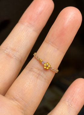 双层细珠串小花弹力指环淡紫碎珠小花简约通勤少女氛围感高档精致