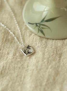 新中式漆小方糖系列竹影彩绘非遗仿大漆项链精致时尚优雅古典气质