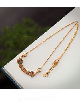 复古耐看古法金色项链手工镂空珐琅彩如意牌女款挂坠多宝毛衣链