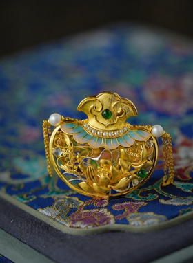 古法黄金色镂空莲花如意锁套装珐琅彩荷香荷包香囊锁骨链项链优雅