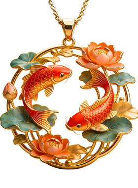 【年年有余】黄金色珐琅彩双鱼戏荷吊坠新中式手工送长辈新年礼物
