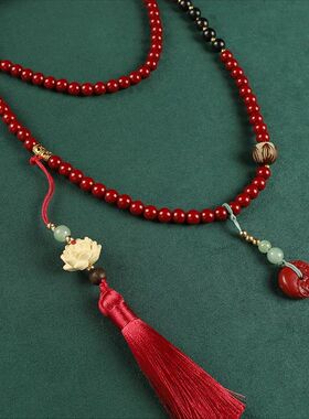 新中式红色仿朱砂长款女毛衣链国风项链古风旗袍配饰流苏气质古典