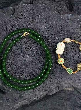 新中式设计国风项链祖母绿圆珠一款多戴复古可拆卸编制串珠链女款