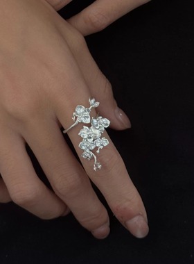 新中式桂花立体拉丝戒指开口可调节食指戒时尚百搭设计师款指环女