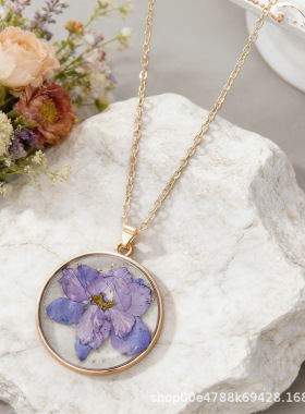 跨境热销轻奢月份花薄框手工树脂真花项链 干花项链 永生花项链