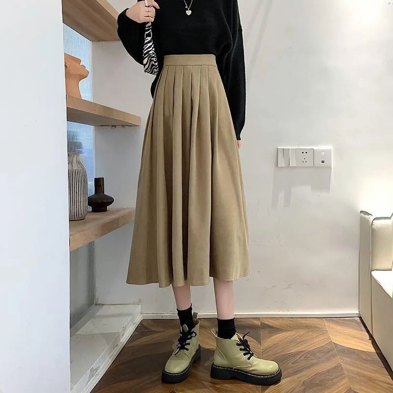 Vintage High Waist Pleated Long Skirt Women Korean Fashion S-图3