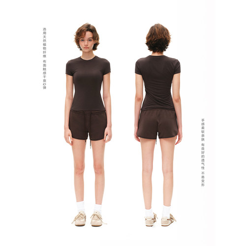 Our Stage 93.5%莫代尔柔软亲肤透气简约圆领紧身显瘦弹力短袖T恤 - 图0