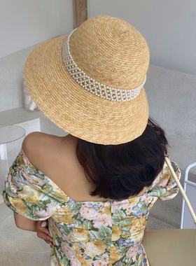 草帽女夏季珍珠麦秆盆帽