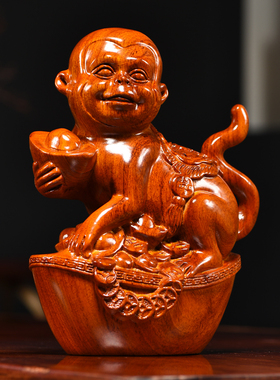 花梨木雕猴子摆件实木新中式十二生肖动物全套家居客厅装饰工艺品