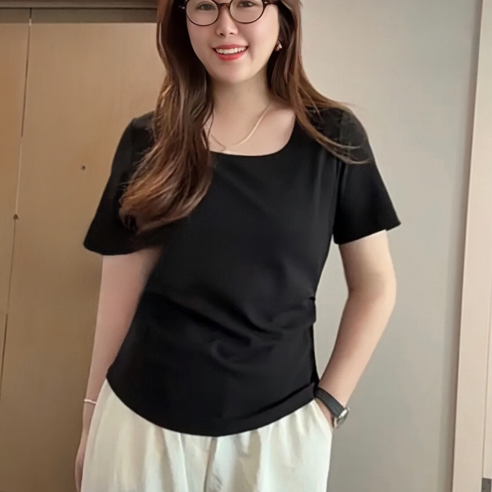 大码女装2025夏季新款胖妹妹双收腰简约百搭方领正肩短袖T恤上衣 - 图2