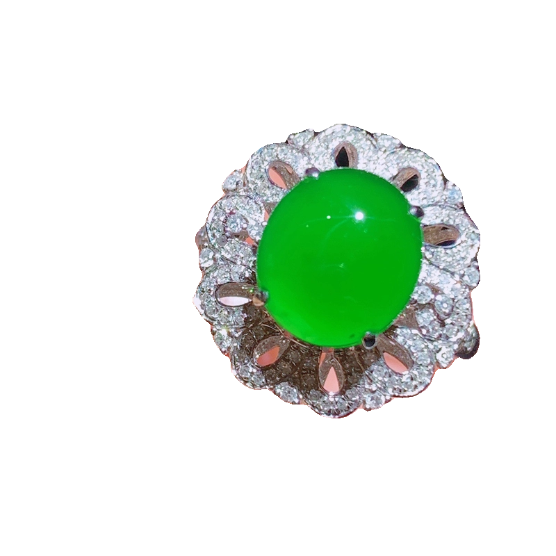 冰阳绿满色蛋面翡翠戒指 18k白金独特造型镶嵌南非钻石女士色均匀 - 图3