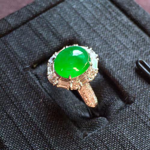 老坑正阳绿蛋面翡翠女士戒指 18k重金豪华满镶足反梯钻石霸气奢华 - 图1