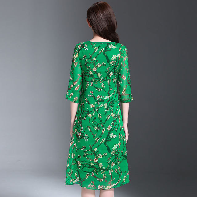 Retro Chinese style floral chiffon dress summer irregular printed three-quarter sleeves round neck plate button mid-length skirt for women