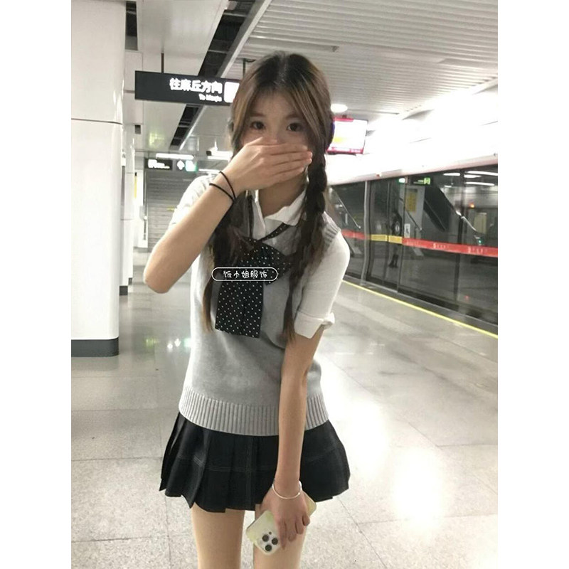 学院风JK制服针织衫无袖马甲背心内搭短袖衬衫漫感叠穿短裙套装女,淘宝优惠券,粉丝福利购,淘宝优惠卷