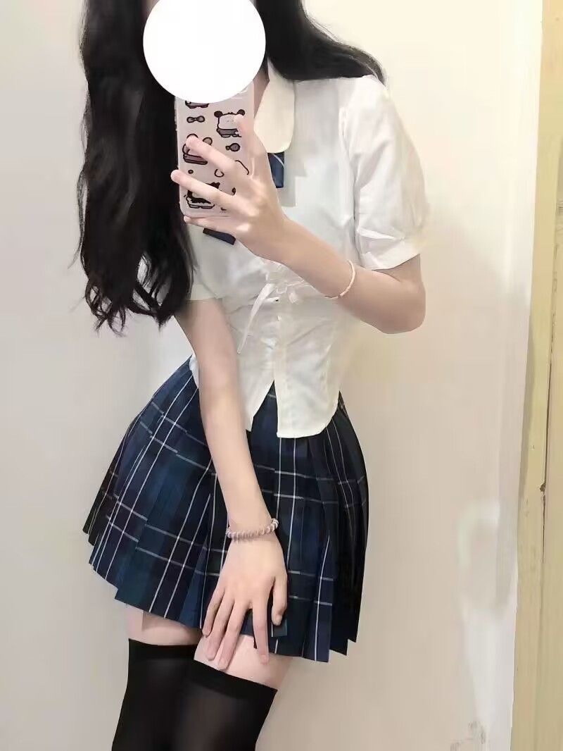 jk制服收腰衬衫上衣女短袖原创夏季学院风泡泡袖白色衬衣jk套装女-图2