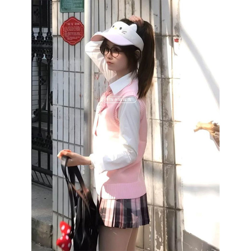粉雾海JK制服日系针织套头马甲长袖衬衫叠穿格裙学院风校供感套装,淘宝优惠券,粉丝福利购,淘宝优惠卷
