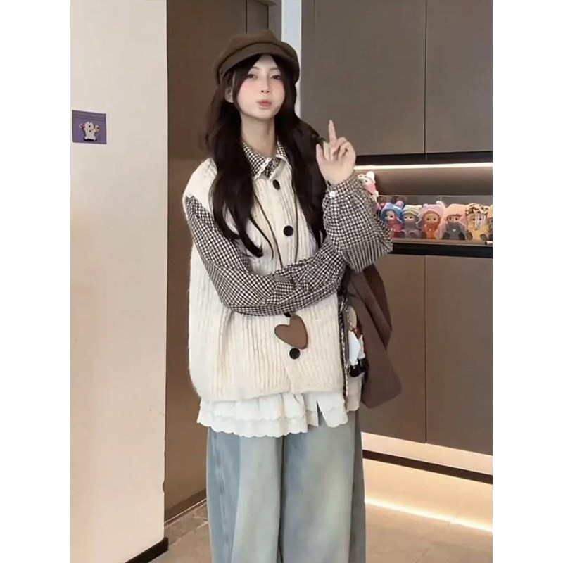 秋季一整套装甜美学院风杏色针织马甲开衫毛衣女蕾丝拼接格纹衬衫,淘宝优惠券,粉丝福利购,淘宝优惠卷