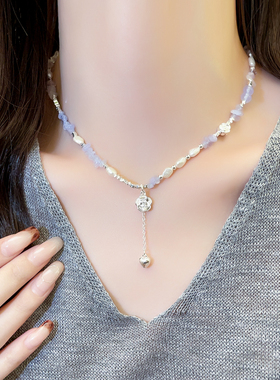 不规则珍珠碎银子花朵吊坠项链