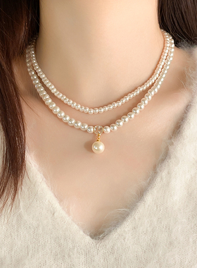 白色珍珠吊坠双层叠戴锆石项链