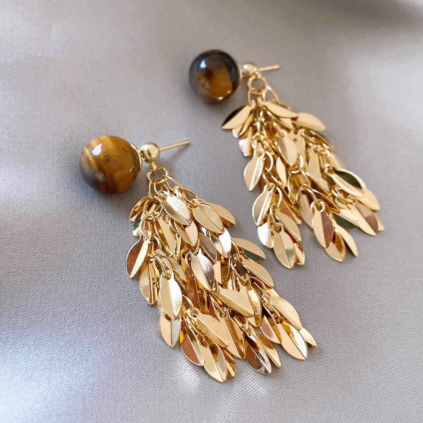 金色叶子流苏虎眼石圆球耳钉女绝美独特夸张耳饰精致耳环2025新款 - 图2