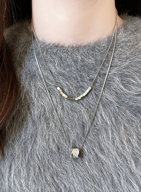 银色锆石双层小蛮腰方块串珠项链