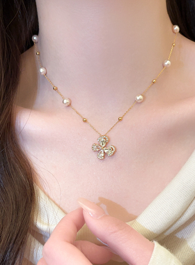 金色满钻蝴蝶吊坠珍珠满天星项链
