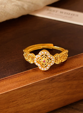 沙金珍珠四叶草戒指巨好看的指环