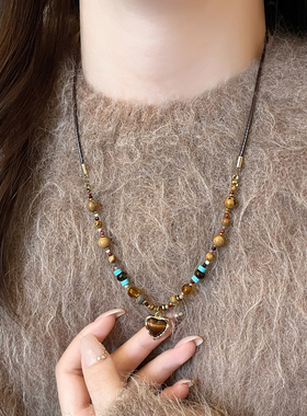 美拉德虎眼石爱心吊坠串珠长项链