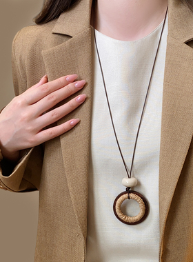 民族风木制几何编织长款项链咖色