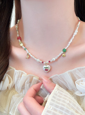 不规则珍珠爱心郁金香吊坠项链